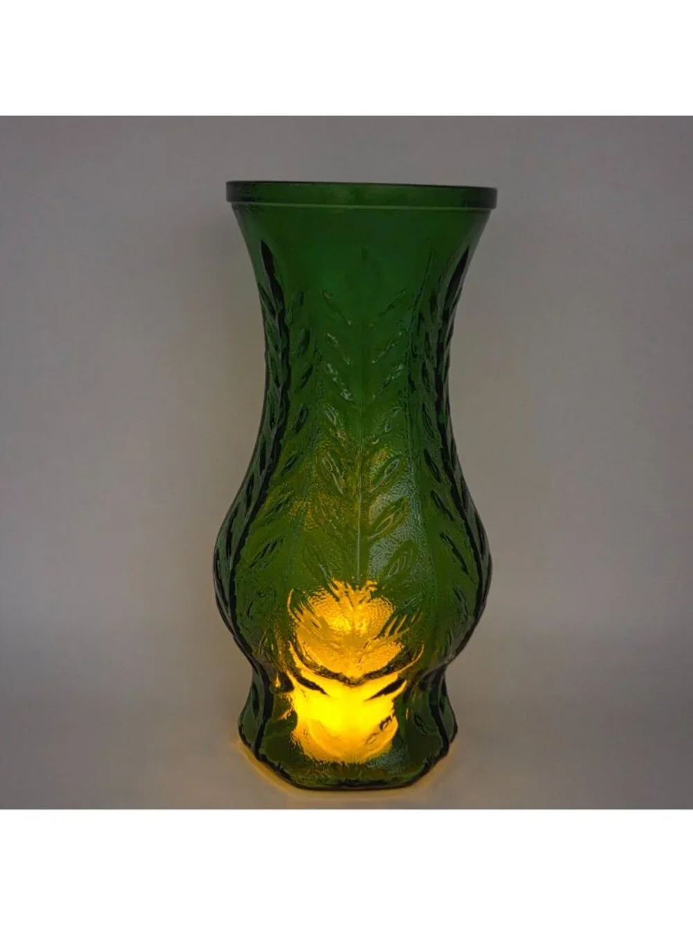 Vintage FTD 1970s-1980s Emerald Green Glass Vase Oak Leaf Design